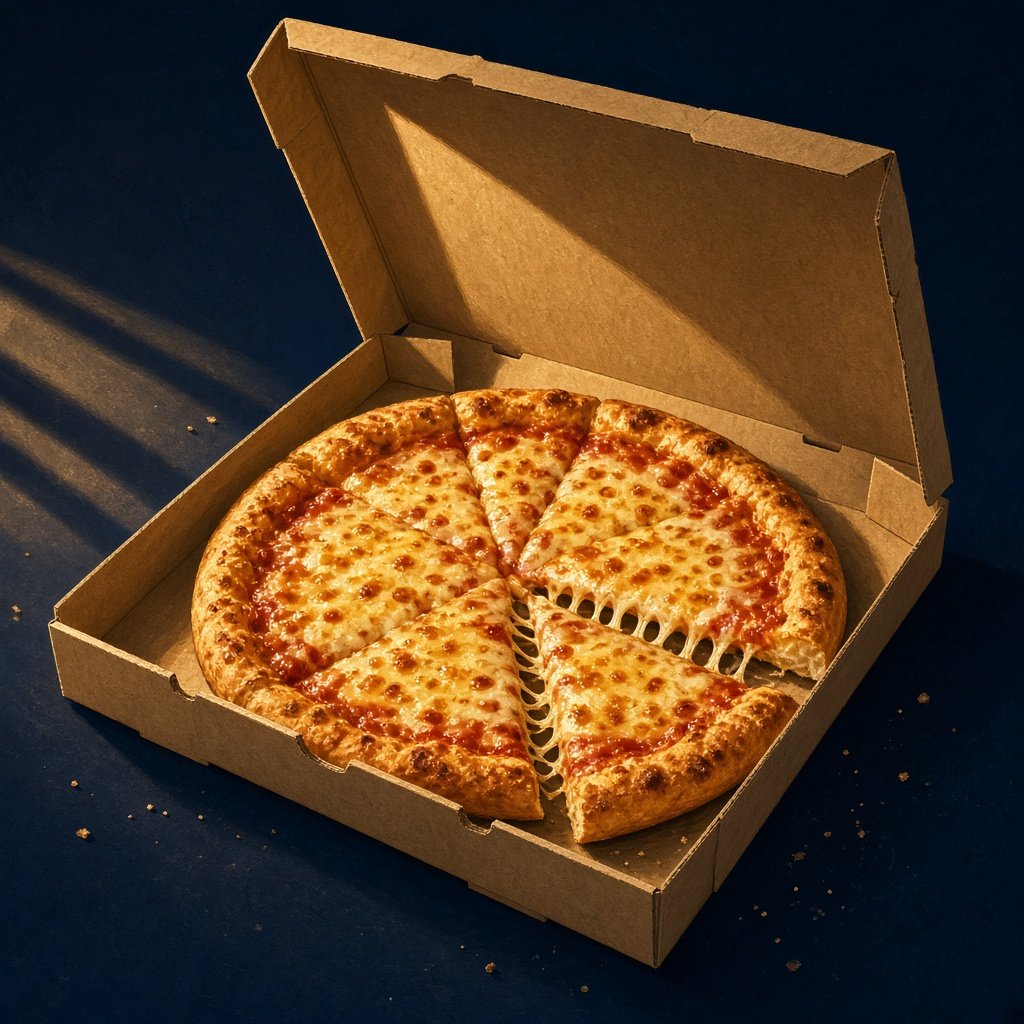 Pizza aberta na caixa, pronta para o café da manhã
