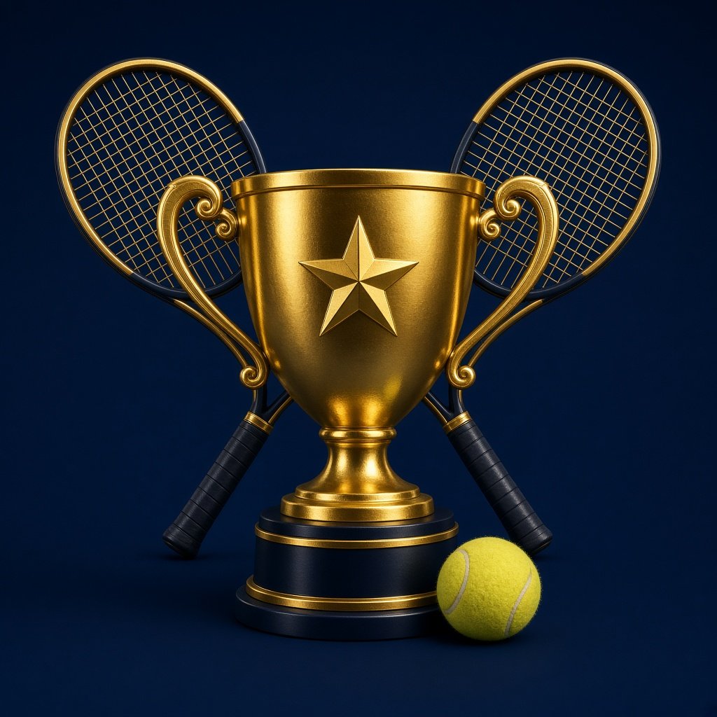 Troféu de ouro com raquetes e uma bola de tênis